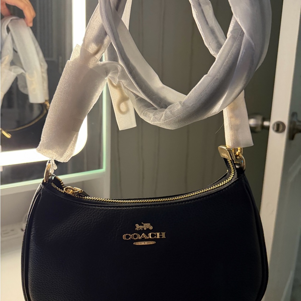 Coach Navy Leather Shoulder Bag with Gold Accents